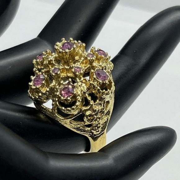 Vintage 18kt Gold Plated HGE Ruby Cluster Cocktail Ring Size 8 - Picture 6 of 10